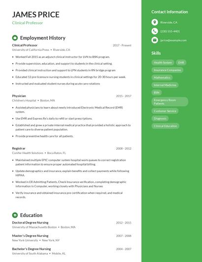 Clinical Professor Resume