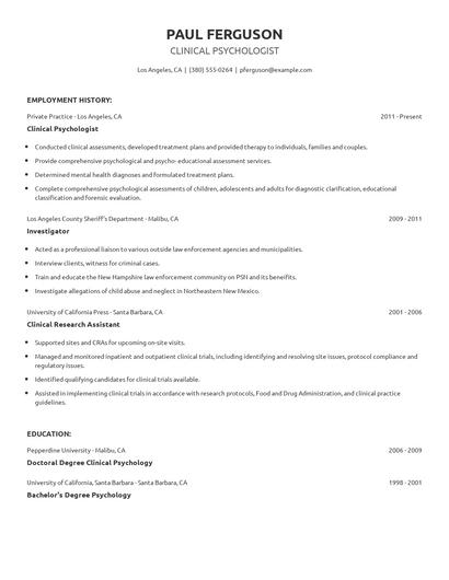 Clinical Psychologist Resume