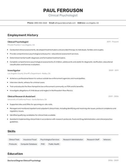 Clinical Psychologist Resume