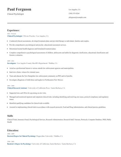 Clinical Psychologist Resume