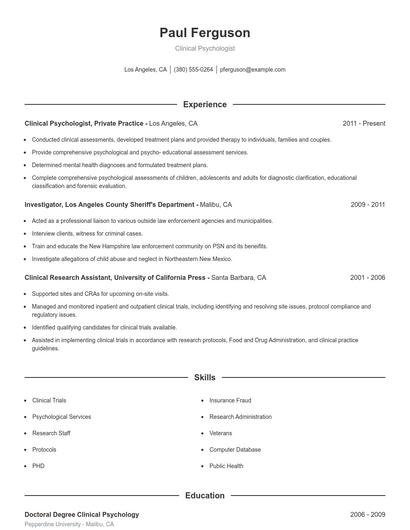 Clinical Psychologist Resume