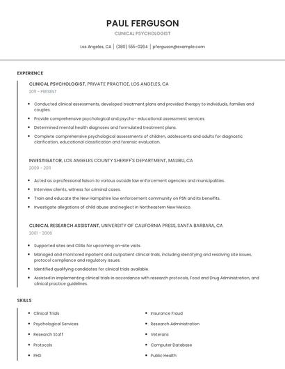 Clinical Psychologist Resume