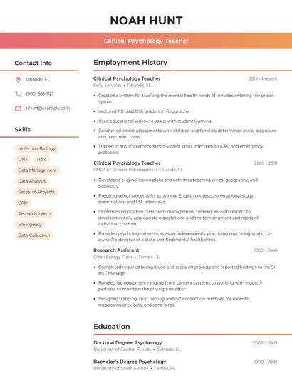 Clinical Psychology Teacher Resume