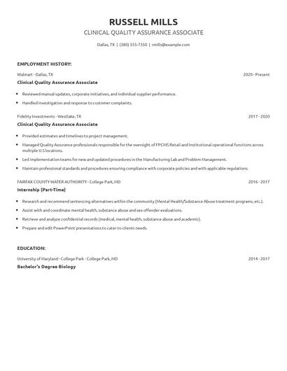 Clinical Quality Assurance Associate Resume