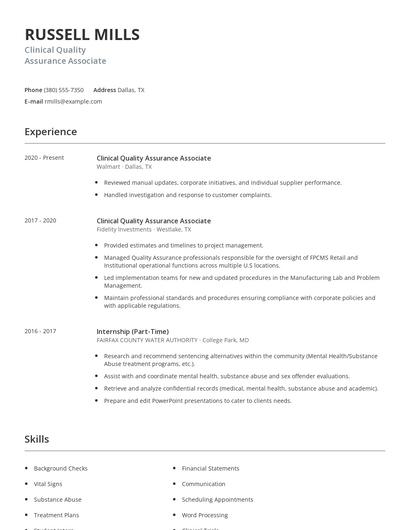 Clinical Quality Assurance Associate Resume
