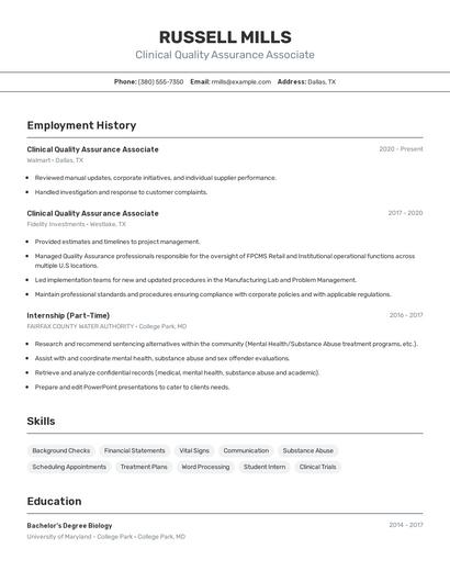 Clinical Quality Assurance Associate Resume
