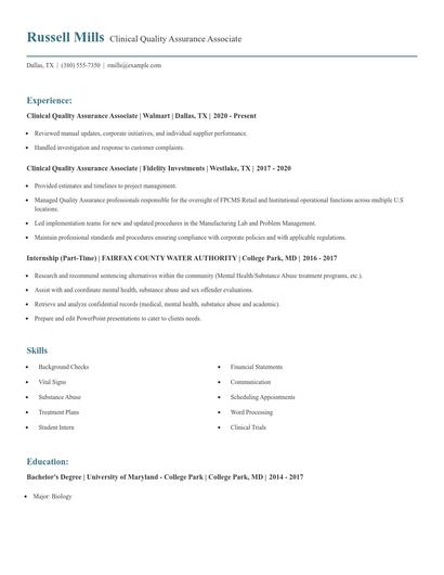 Clinical Quality Assurance Associate Resume