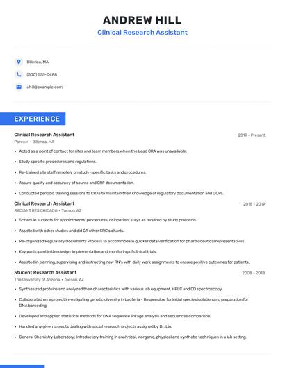Clinical Research Assistant Resume