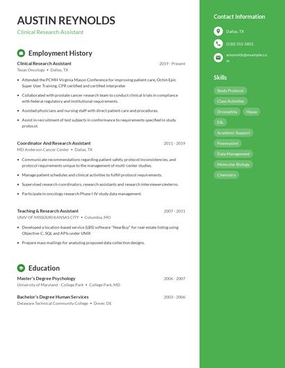 Clinical Research Assistant Resume