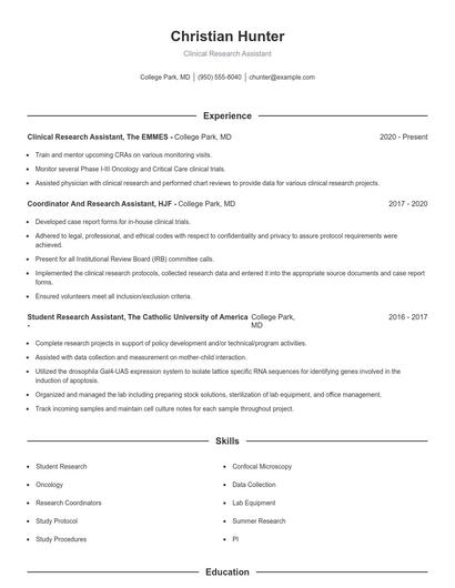 Clinical Research Assistant Resume