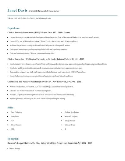 Clinical Research Coordinator Resume