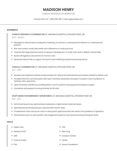 Clinical Research Coordinator Resume