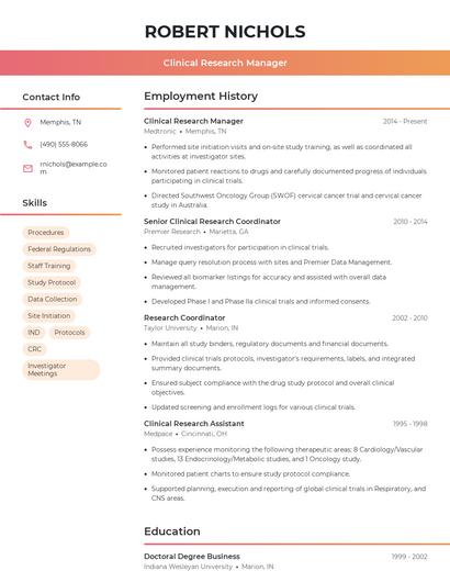 Clinical Research Manager Resume