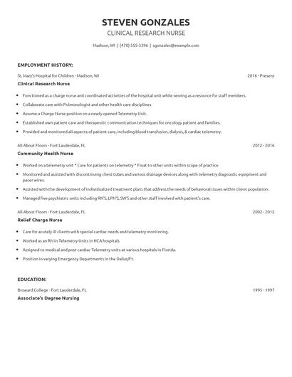 Clinical Research Nurse Resume