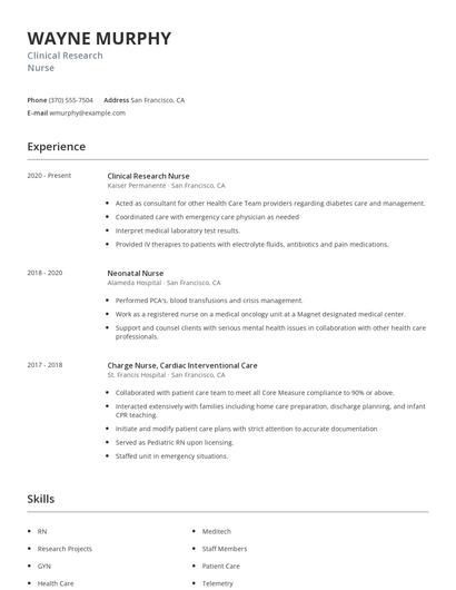 Clinical Research Nurse Resume