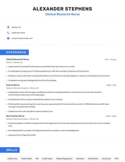 Clinical Research Nurse Resume