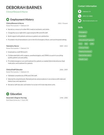 Clinical Research Nurse Resume