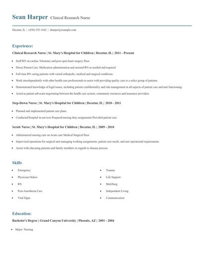 Clinical Research Nurse Resume