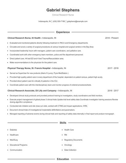 Clinical Research Nurse Resume