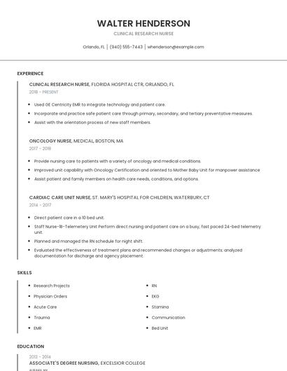 Clinical Research Nurse Resume