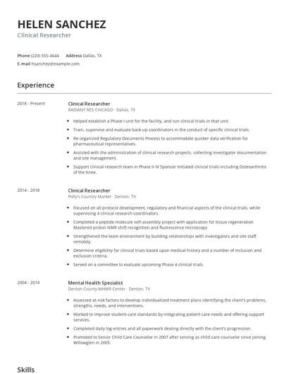 Clinical Researcher Resume
