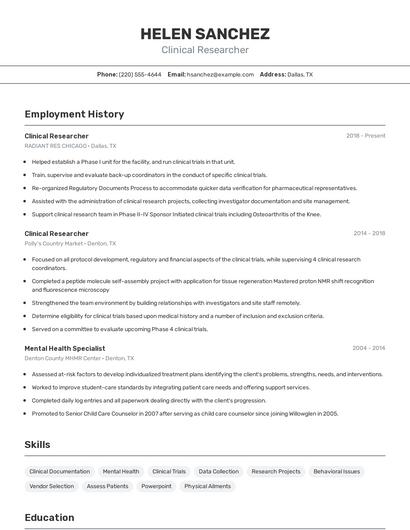 Clinical Researcher Resume
