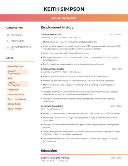 Clinical Researcher Resume