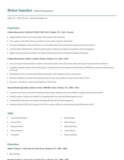 Clinical Researcher Resume
