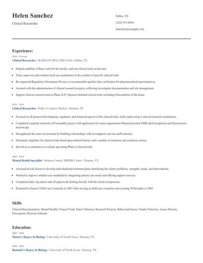 Clinical Researcher Resume