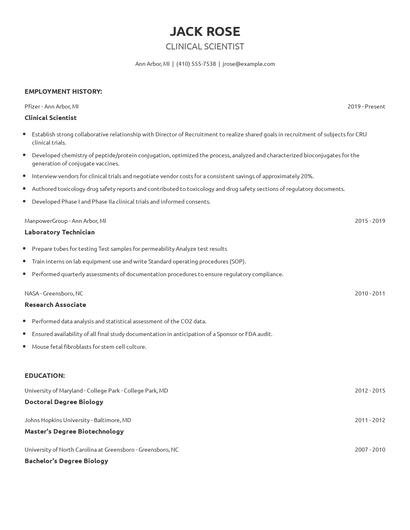 Clinical Scientist Resume