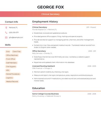 Clinical Secretary Resume