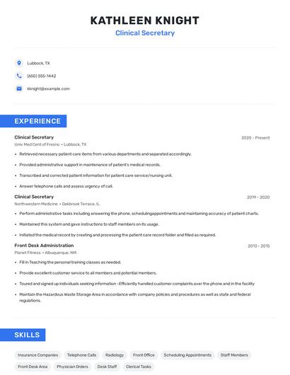 Clinical Secretary Resume
