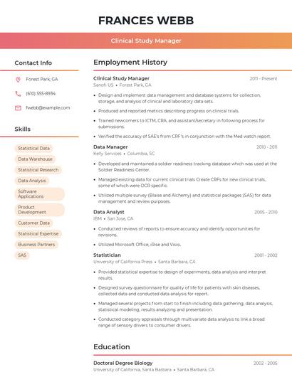 Clinical Study Manager Resume