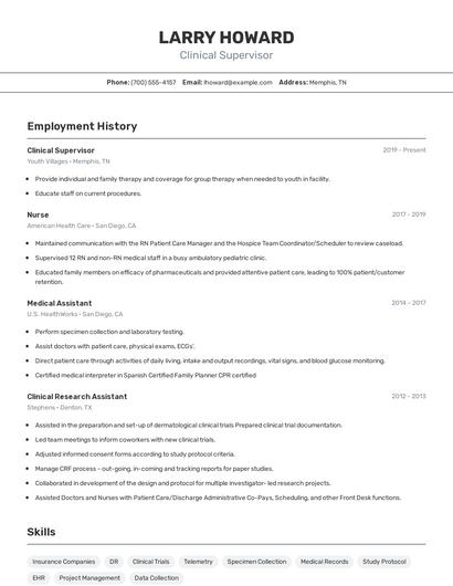 Clinical Supervisor Resume