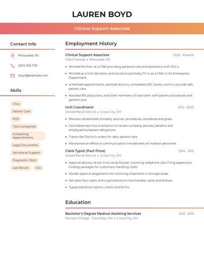 Clinical Support Associate Resume