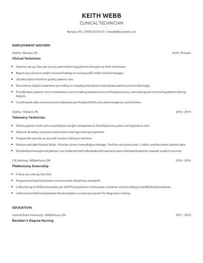 Clinical Technician Resume
