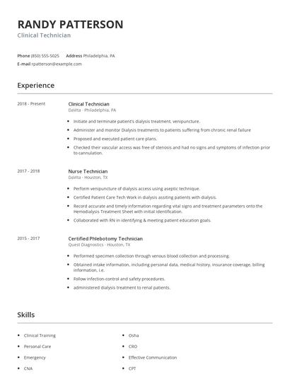 Clinical Technician Resume