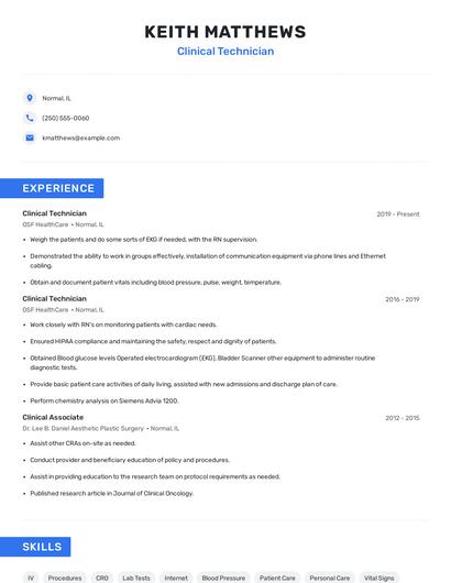Clinical Technician Resume