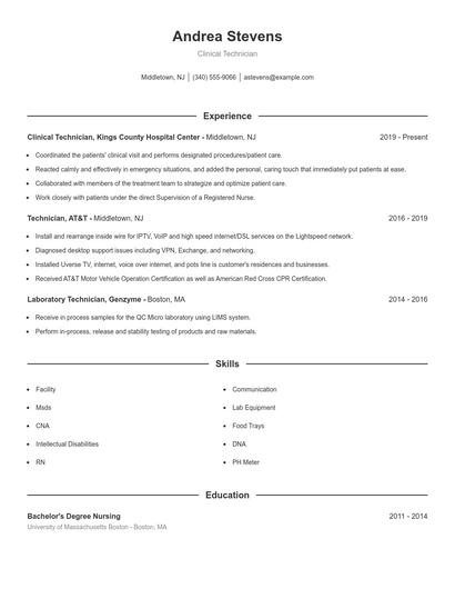 Clinical Technician Resume