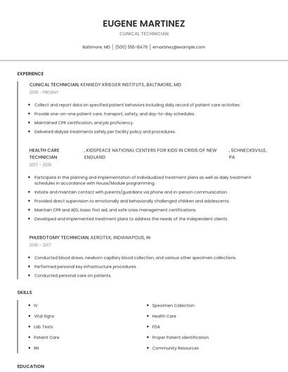 Clinical Technician Resume