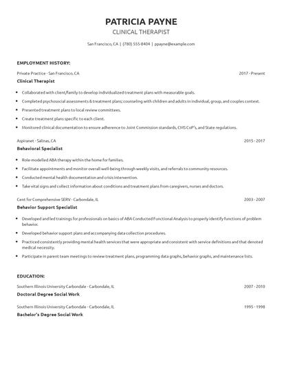 Clinical Therapist Resume