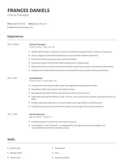 Clinical Therapist Resume