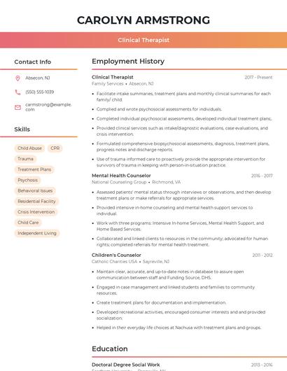 Clinical Therapist Resume