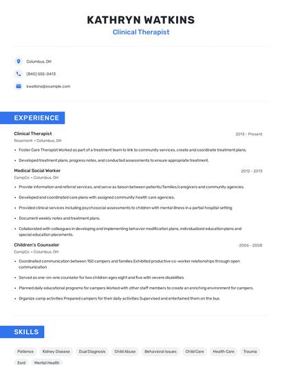 Clinical Therapist Resume