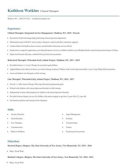 Clinical Therapist Resume