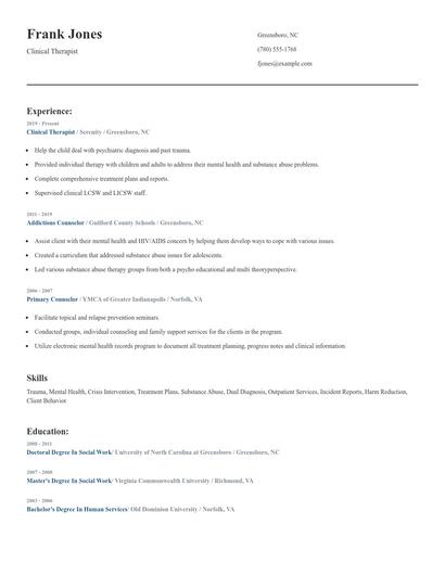 Clinical Therapist Resume