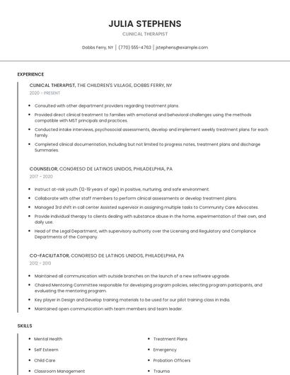 Clinical Therapist Resume