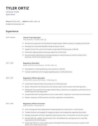Clinical Trials Specialist Resume