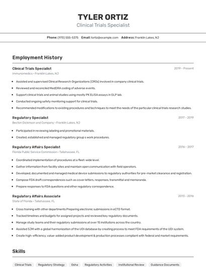 Clinical Trials Specialist Resume