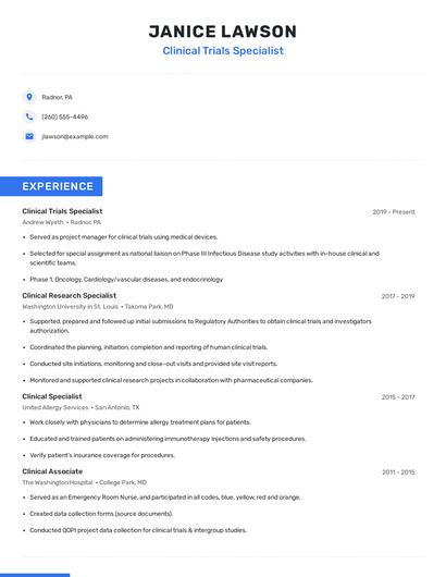 Clinical Trials Specialist Resume